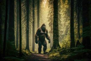mysteriös Bigfoot im das dicht Wald foto
