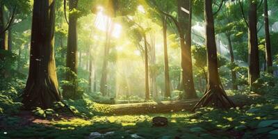 strahlend Sonnenlicht leuchten ein atemberaubend Animestil Wald Landschaft foto