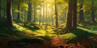 strahlend Sonnenlicht leuchten ein atemberaubend Animestil Wald Landschaft foto