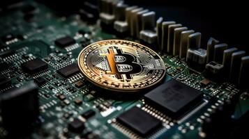 Digital Währung im das Schaltkreis Bitcoin Chip auf Computer foto