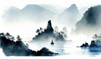 neblig Blau Küsten Landschaft im traditionell orientalisch Tinte Gemälde Stil foto