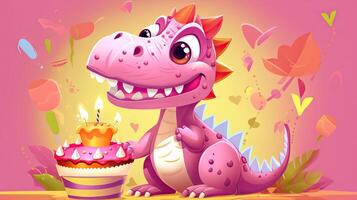 feiern mit ein Karikatur Dinosaurier und Geburtstag Kuchen auf ein mädchenhaft Rosa Hintergrund foto