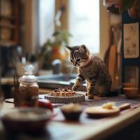 bezaubernd Katze Backen im Miniatur Welt foto