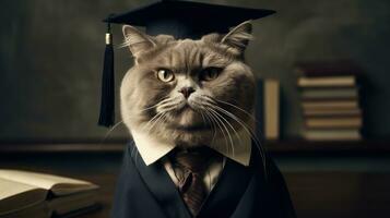 felino Akademie das gebildet Katze Professor Überschrift aus zu Klasse mit ein Buch foto