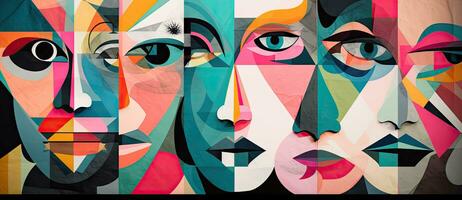 geometrisch Gesichter mit bunt Augen im konzeptionelle Sammlung Stil foto
