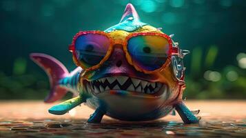 bunt Spielzeug Hai tragen Sonnenbrille angreifen unter Wasser foto