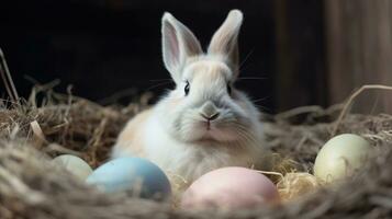 bezaubernd Ostern Hase im pastellfarben Ei Nest foto