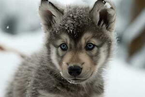 bezaubernd Wolf Welpe spielen im Winter Wunderland foto