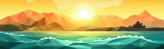 Pastell- geometrisch Berg und Strand Landschaft mit Sonne foto