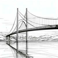 minimalistisch kontinuierlich Linie Zeichnung von ein Riese Brücke Über ein Fluss foto