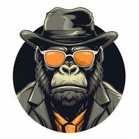 Gorilla Gangster mit ein Lächeln Strassenmode Outfit und Sonnenbrille foto