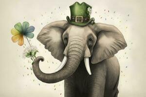 heiter Elefant feiern st Patricks Tag mit Kobold Hut und Blumen foto