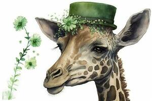 glücklich st Patricks Tag Giraffe mit Grün Schal Hut und Blumen Aquarell Illustration foto