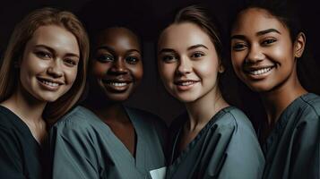 vielfältig Gruppe von weiblich Krankenschwestern lächelnd zum Gesundheitswesen Industrie Porträtmalerei foto
