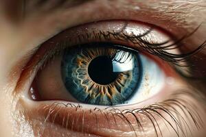 atemberaubend Nahansicht von ein Mensch Auge im Blau foto