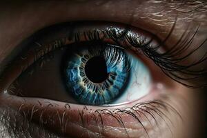 atemberaubend Nahansicht von ein Mensch Auge im Blau foto