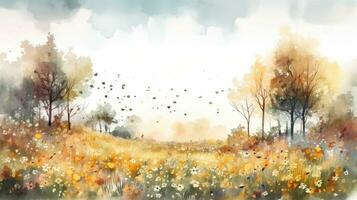 herbstlich Aquarell Wiese mit beschwingt Blumen foto