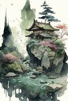 zauberhaft japanisch Aquarell Landschaft mit ein Fee Garten Stimmung foto