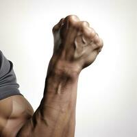 Muskel biegen Geste auf Weiß Hintergrund foto