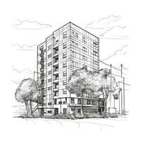 kontinuierlich Linie Kunst Zeichnung von ein mehrstöckig Gebäude zum Büro oder industriell verwenden foto