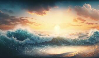 ätherisch Dämmerung Panorama- Aussicht von Meer Wellen wie verträumt Hintergrund foto