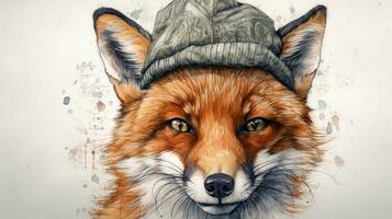 foxy Winter Aquarell Zeichnung von ein Fuchs im ein Hut foto