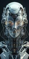 futuristisch Roboter mit perfekt symmetrisch Gesicht und makellos Haut foto