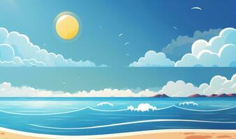 sonnig Insel Flucht ein Karikatur Strand Landschaft mit klar Blau Himmel und Ozean foto
