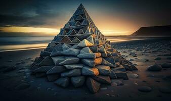 ätherisch Sonnenuntergang Steine Pyramide auf Strand verträumt Hintergrund foto