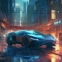 futuristisch Cyberpunk Stadt mit Super exotisch Auto Konzept Kunst Illustration foto