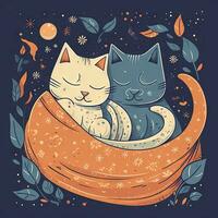 gemütlich Katze Nickerchen zwei katzenartig freunde Schlafen unter ein sternenklar Decke foto