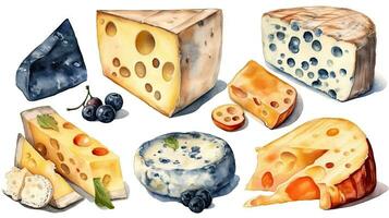 köstlich Aquarell Illustration von verschiedene Käse und Milch Produkte foto