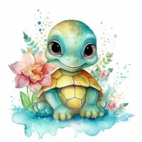 bezaubernd Baby Schildkröte lächelnd im ein Aquarell Frühling Szene foto