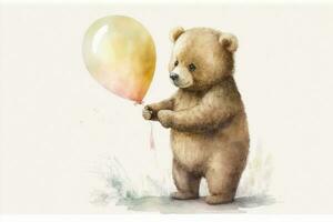 bezaubernd Aquarell Gemälde von ein Bär halten ein golden Ballon foto