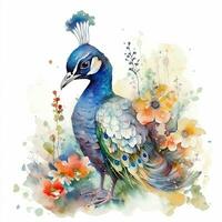 bunt Aquarell Gemälde von ein süß Baby Pfau im ein Blume Feld zum Kunst druckt und Schöne Grüße foto