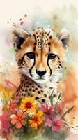 bunt Aquarell Gemälde von ein süß Baby Gepard im ein Blume Feld foto