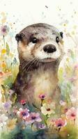 fesselnd Baby Otter im ein bunt Blume Feld Aquarell Gemälde foto