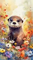 fesselnd Baby Otter im ein bunt Blume Feld Aquarell Gemälde foto