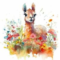 bunt Baby Lama im ein Aquarell Blume Feld foto