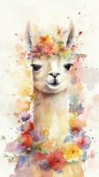 herrlich Baby Lama im ein bunt Blume Feld zum Kunst druckt und Schöne Grüße generativ ai foto