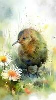 zauberhaft Baby Kiwi Vogel im ein bunt Blume Feld foto