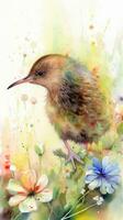 zauberhaft Baby Kiwi Vogel im ein bunt Blume Feld foto