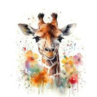 zauberhaft Baby Giraffe im ein bunt Blume Feld Aquarell Gemälde foto