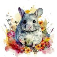 gewinnend Baby Chinchilla im ein bunt Blume Feld Aquarell Gemälde foto