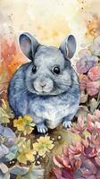 gewinnend Baby Chinchilla im ein bunt Blume Feld Aquarell Gemälde foto