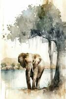 Elefant im Aquarell Stil wandernd im natürlich Safari Landschaft mit Bäume im Hintergrund foto