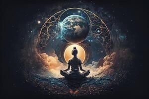 meditieren Frau verbinden mit das Universum im Lotus Pose foto