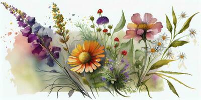 beschwingt Aquarell Gemälde von Wildblume Strauß im Wiese foto