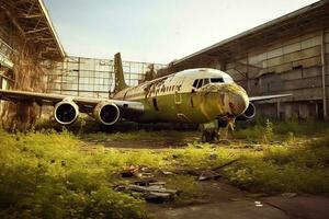 verlassen Flughafen im Verfall mit bewachsen Gras und bröckelt Gebäude generativ ai foto