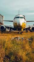 verlassen Flughafen im Verfall mit bewachsen Gras und bröckelt Gebäude generativ ai foto